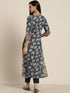 Women Navy Blue Pure Cotton Floral Print Straight Kurta